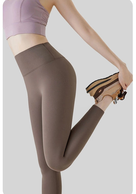 Rosa Slimming Premium Fleece Leggings - side shot on model lifting shoe, brown - Miss Mosa By Akanksha
