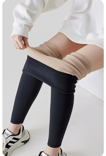 Rosa Slimming Premium Fleece Leggings - close-up of fleece lining on model, black and beige - Miss Mosa By Akanksha