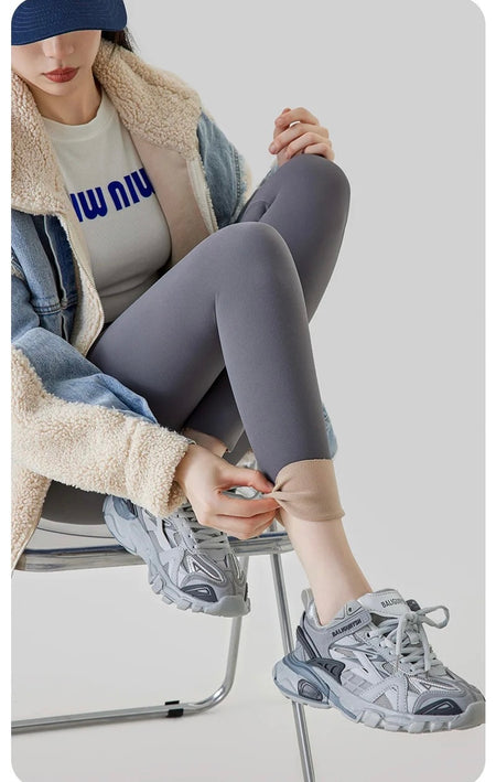 Rosa Slimming Premium Fleece Leggings - side shot on model seated, grey - Miss Mosa By Akanksha