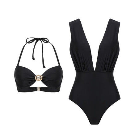 Rosalie 2 Pcs Swimsuit With Sarong - flat-lay set shot, black - Miss Mosa By Akanksha