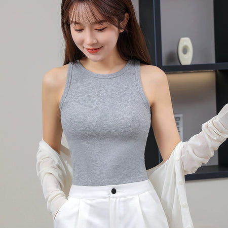 Rosalie Tank Tops with Inbuilt Bra - front shot on model, grey - Miss Mosa By Akanksha