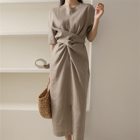 Rosaura Statement Midi Dress In Brown - full-length front shot on model - Miss Mosa By Akanksha