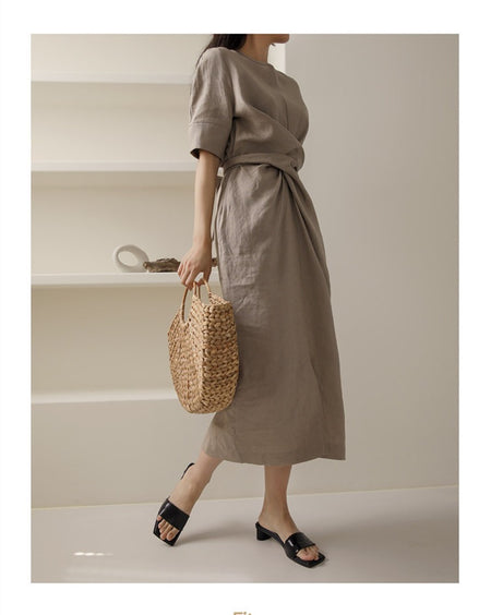Rosaura Statement Midi Dress In Brown - full-length side shot on model - Miss Mosa By Akanksha
