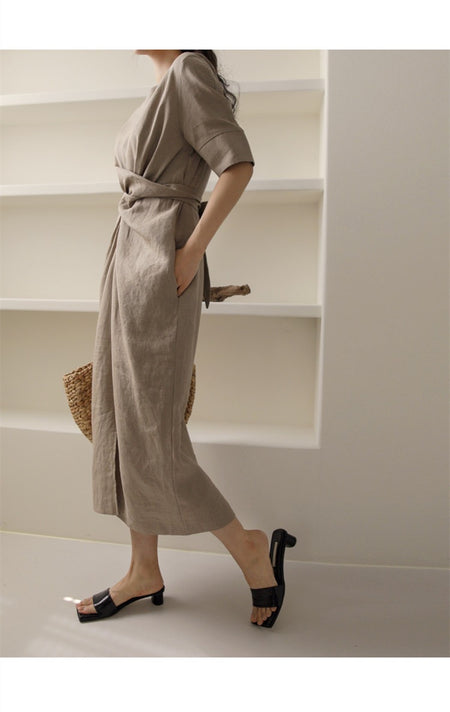 Rosaura Statement Midi Dress In Brown - full-length side shot on model - Miss Mosa By Akanksha