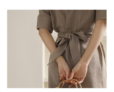 Rosaura Statement Midi Dress In Brown - close-up shot of back tie detail on model - Miss Mosa By Akanksha
