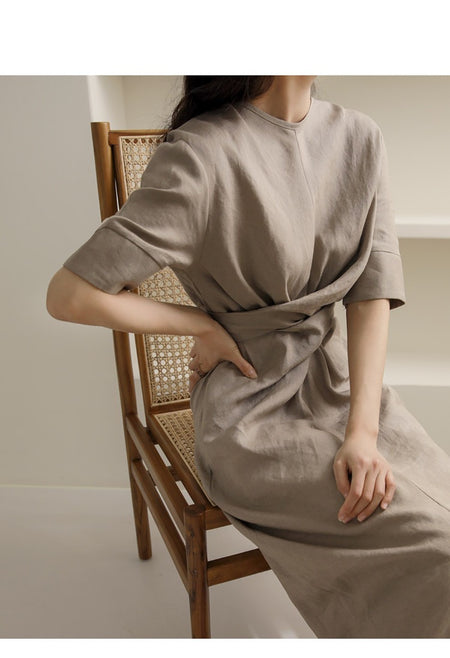Rosaura Statement Midi Dress In Brown - seated shot on model - Miss Mosa By Akanksha