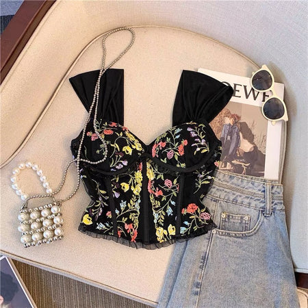 Rosie Embroidered Crop Top In Black - flat-lay product shot styled with accessories - Miss Mosa By Akanksha
