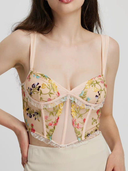Rosie Embroidered Crop Top In Peach - front close-up shot on model - Miss Mosa By Akanksha
