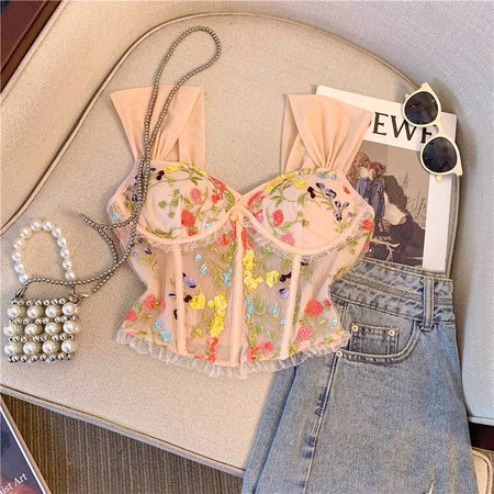 Rosie Embroidered Crop Top In Peach - flat-lay product shot styled with accessories - Miss Mosa By Akanksha