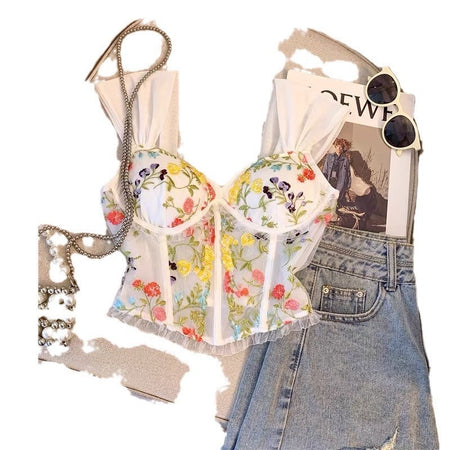 Rosie Embroidered Crop Top In Peach - flat-lay product shot styled with accessories - Miss Mosa By Akanksha