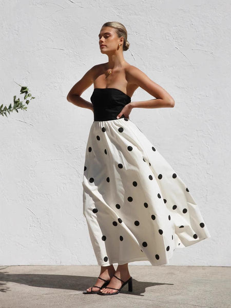 Rosin Polka Offshoulder Maxi Dress In Ivory - side shot on model standing - Miss Mosa By Akanksha