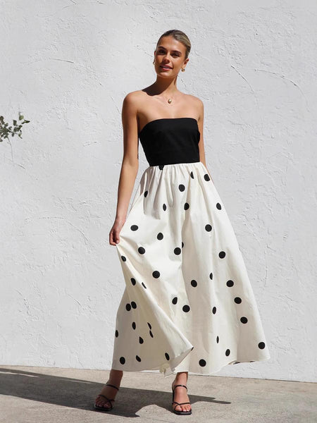 Rosin Polka Offshoulder Maxi Dress In Ivory - front shot on model standing - Miss Mosa By Akanksha