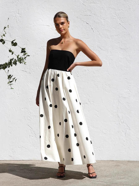 Rosin Polka Offshoulder Maxi Dress In Ivory - front shot on model standing - Miss Mosa By Akanksha