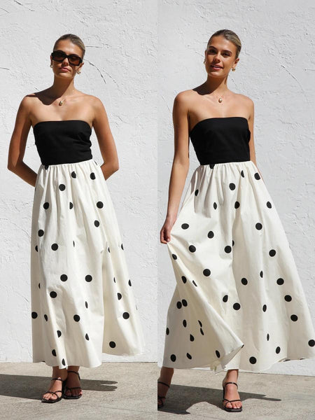 Rosin Polka Offshoulder Maxi Dress In Ivory - two front shots on model standing - Miss Mosa By Akanksha