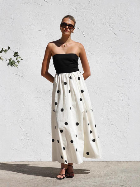 Rosin Polka Offshoulder Maxi Dress In Ivory - front shot on model standing - Miss Mosa By Akanksha