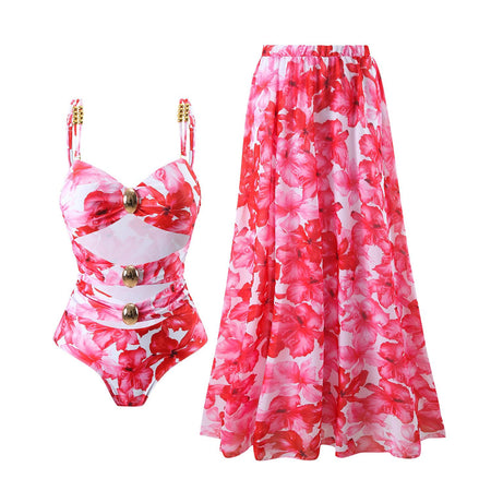 Rosita Floral Swimsuit With Skirt In Pink - flat-lay product shot of swimsuit and skirt - Miss Mosa By Akanksha