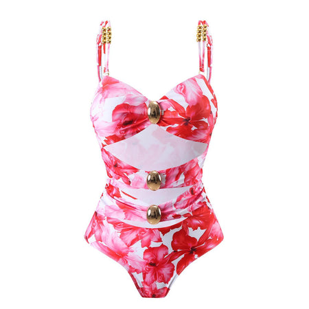 Rosita Floral Swimsuit With Skirt In Pink - front flat-lay product shot of swimsuit - Miss Mosa By Akanksha