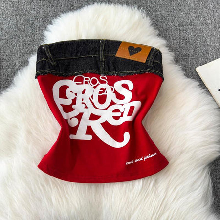 Ross Offshoulder Crop Top In Red - flat-lay product shot with denim trim - Miss Mosa By Akanksha