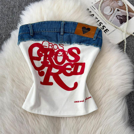 Ross Offshoulder Crop Top In White - flat-lay product shot with denim trim - Miss Mosa By Akanksha