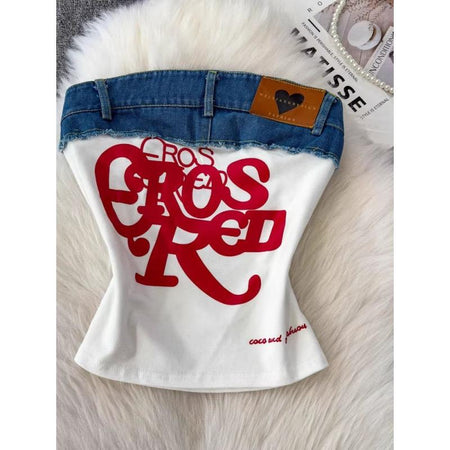 Ross Offshoulder Crop Top In White - flat-lay product shot with denim trim - Miss Mosa By Akanksha