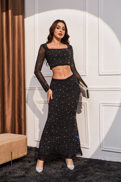 Rouder Luxe Party 2 Piece Set - front shot on model, black - Miss Mosa By Akanksha