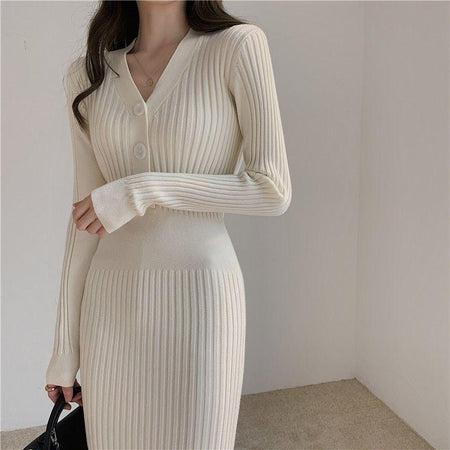 Rowyn Knitted Dress - front shot on model, cream - Miss Mosa By Akanksha