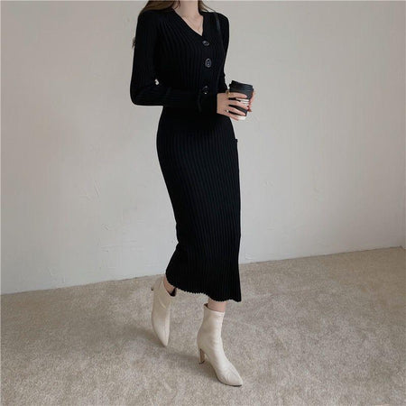 Rowyn Knitted Dress - front shot on model, black - Miss Mosa By Akanksha