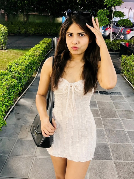 Roxane Summer Mini Dress - three-quarter shot, cream off-white - Miss Mosa By Akanksha