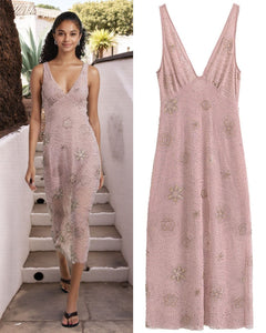 Roza Sequin Midi Dress - front shot on model beside flat-lay shot, dusty pink with gold and silver beadwork - Miss Mosa By Akanksha