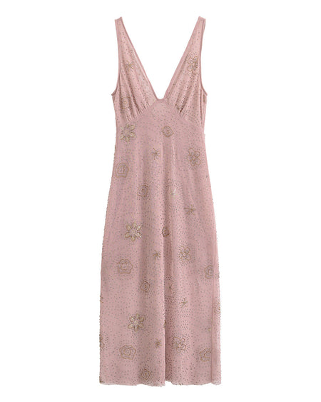 Roza Sequin Midi Dress - flat-lay shot, dusty pink with gold and silver beadwork - Miss Mosa By Akanksha