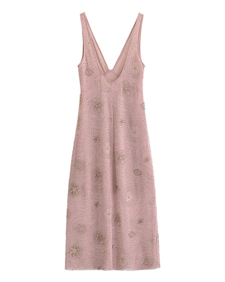 Roza Sequin Midi Dress - flat-lay shot, dusty pink with gold and silver beadwork - Miss Mosa By Akanksha