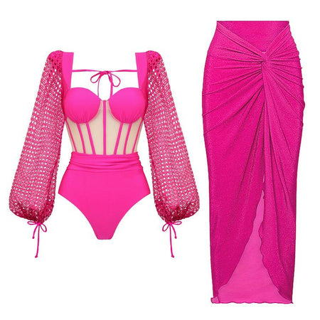 Rubby Luxe Swimsuit With Skirt In Pink - flat-lay product shot of swimsuit and skirt - Miss Mosa By Akanksha