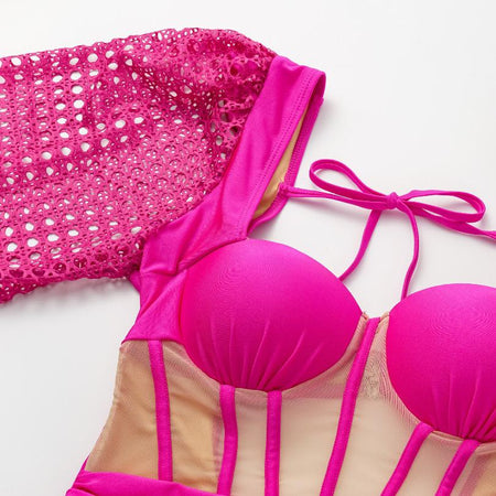 Rubby Luxe Swimsuit With Skirt In Pink - close-up of mesh sleeve and bodice detail - Miss Mosa By Akanksha