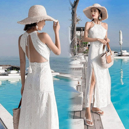 Rubecca Slit Maxi Dress in White - lifestyle shot on model, white - Miss Mosa By Akanksha