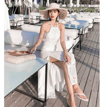 Rubecca Slit Maxi Dress in White - lifestyle shot on model, white - Miss Mosa By Akanksha