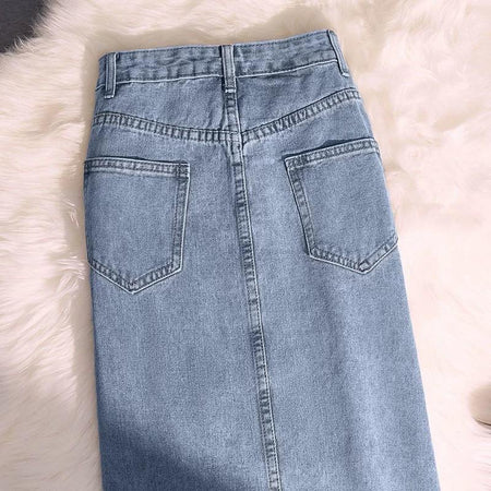 Rubello Midi Statement Denim Skirt - close-up of back pockets, blue - Miss Mosa By Akanksha