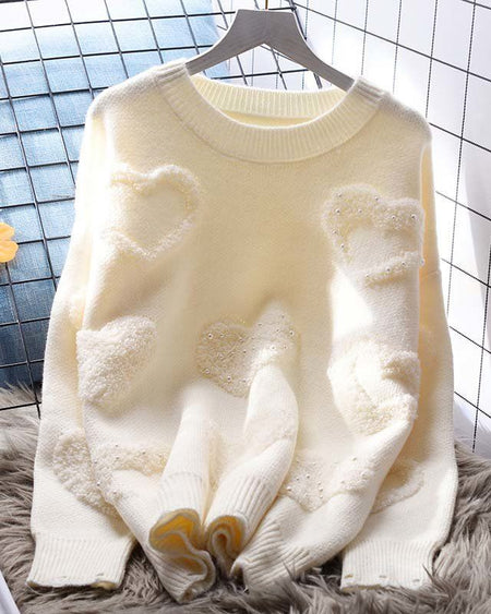 Ruben Heart Pearl Woolen Sweater - flat-lay front shot, cream - Miss Mosa By Akanksha