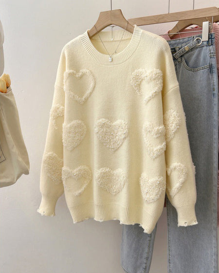 Ruben Heart Pearl Woolen Sweater - flat-lay front shot, cream - Miss Mosa By Akanksha