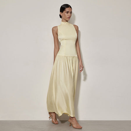 Ruben Statement Maxi Dress - full-length side shot on model, pale yellow - Miss Mosa By Akanksha