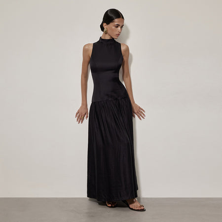 Ruben Statement Maxi Dress - full-length side shot on model, black - Miss Mosa By Akanksha