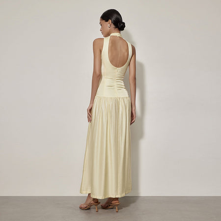 Ruben Statement Maxi Dress - full-length back shot on model, pale yellow - Miss Mosa By Akanksha