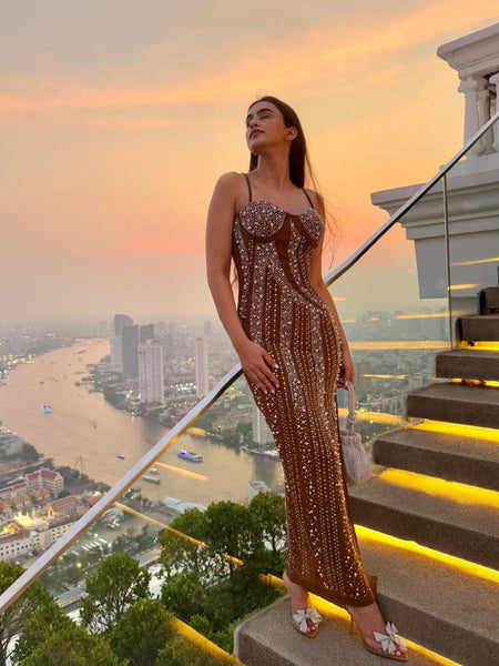Rubert Embellished Party Maxi Dress in Beige - full-length side shot on model outdoors - Miss Mosa By Akanksha
