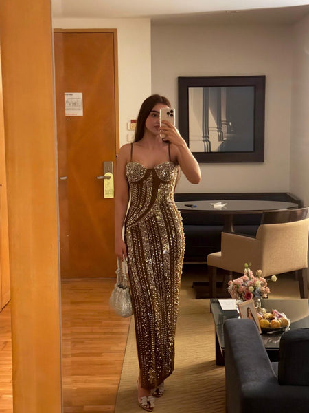 Rubert Embellished Party Maxi Dress in Beige - full-length front shot on model mirror selfie - Miss Mosa By Akanksha