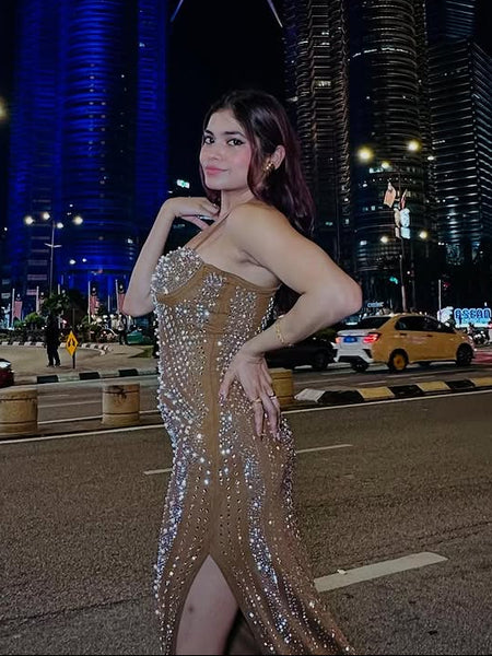 Rubert Embellished Party Maxi Dress in Beige - side shot on model at night - Miss Mosa By Akanksha
