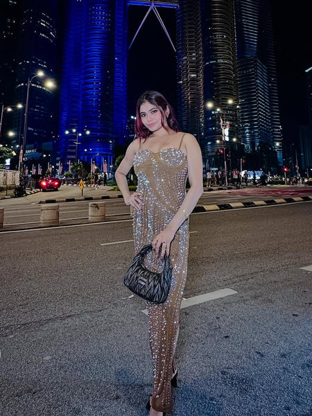 Rubert Embellished Party Maxi Dress in Beige - full-length front shot on model at night - Miss Mosa By Akanksha