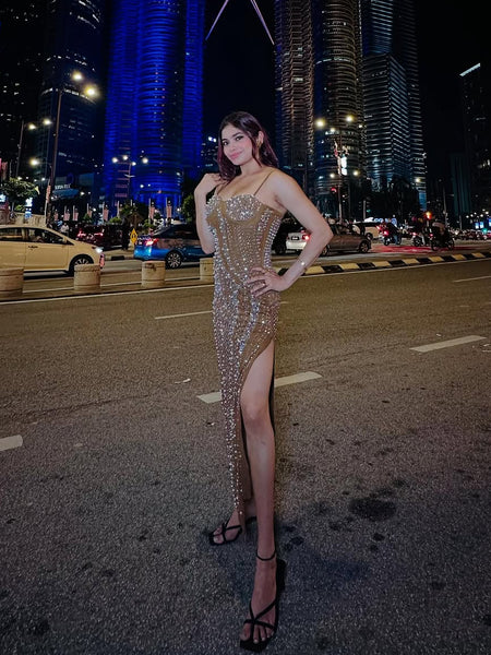 Rubert Embellished Party Maxi Dress in Beige - full-length front shot on model at night - Miss Mosa By Akanksha