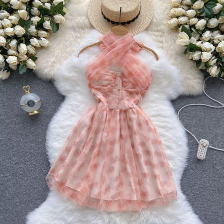 Rubert Mesh Detail Party Dress In Peach - styled flat-lay shot, pink - Miss Mosa By Akanksha