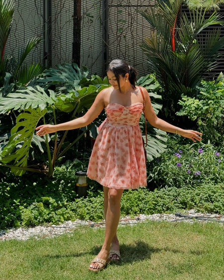 Rubert Mesh Detail Party Dress In Peach - full-length shot on model, pink - Miss Mosa By Akanksha
