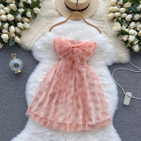 Rubert Mesh Detail Party Dress In Peach - styled flat-lay shot, pink - Miss Mosa By Akanksha