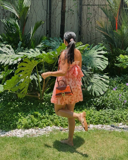 Rubert Mesh Detail Party Dress In Peach - back shot on model, pink - Miss Mosa By Akanksha